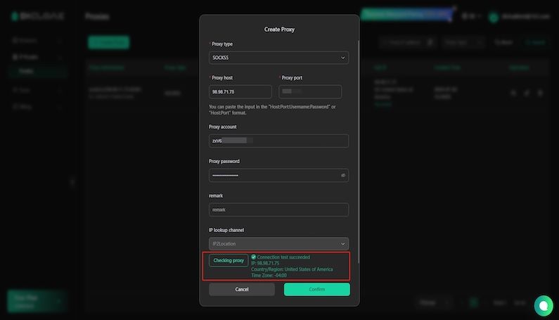 Entering proxy details in DiCloak