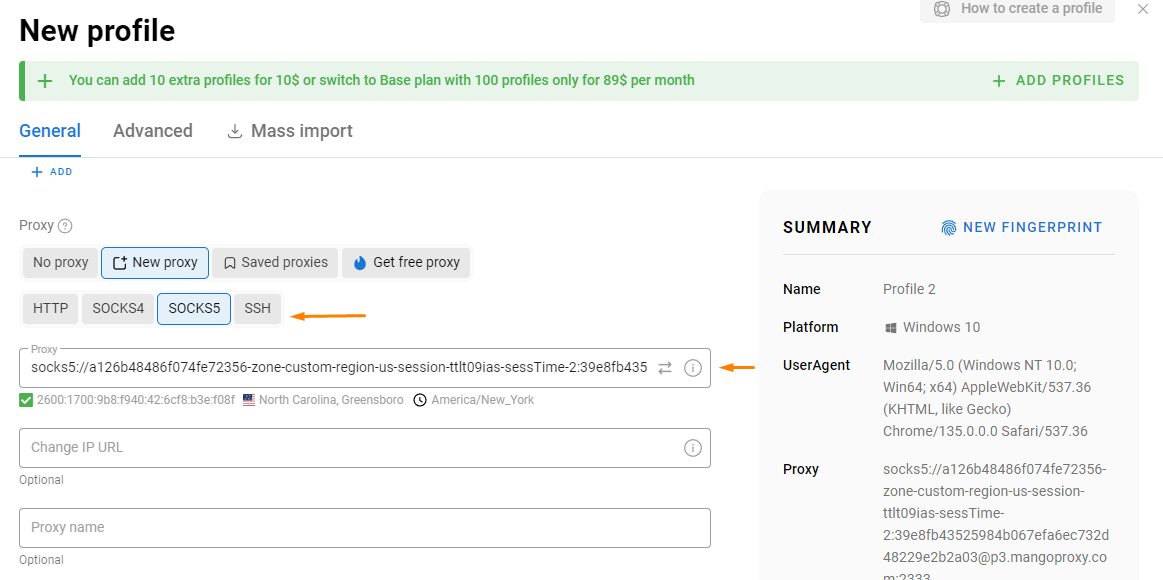 Proxy configuration section in the Dolphin Anty profile