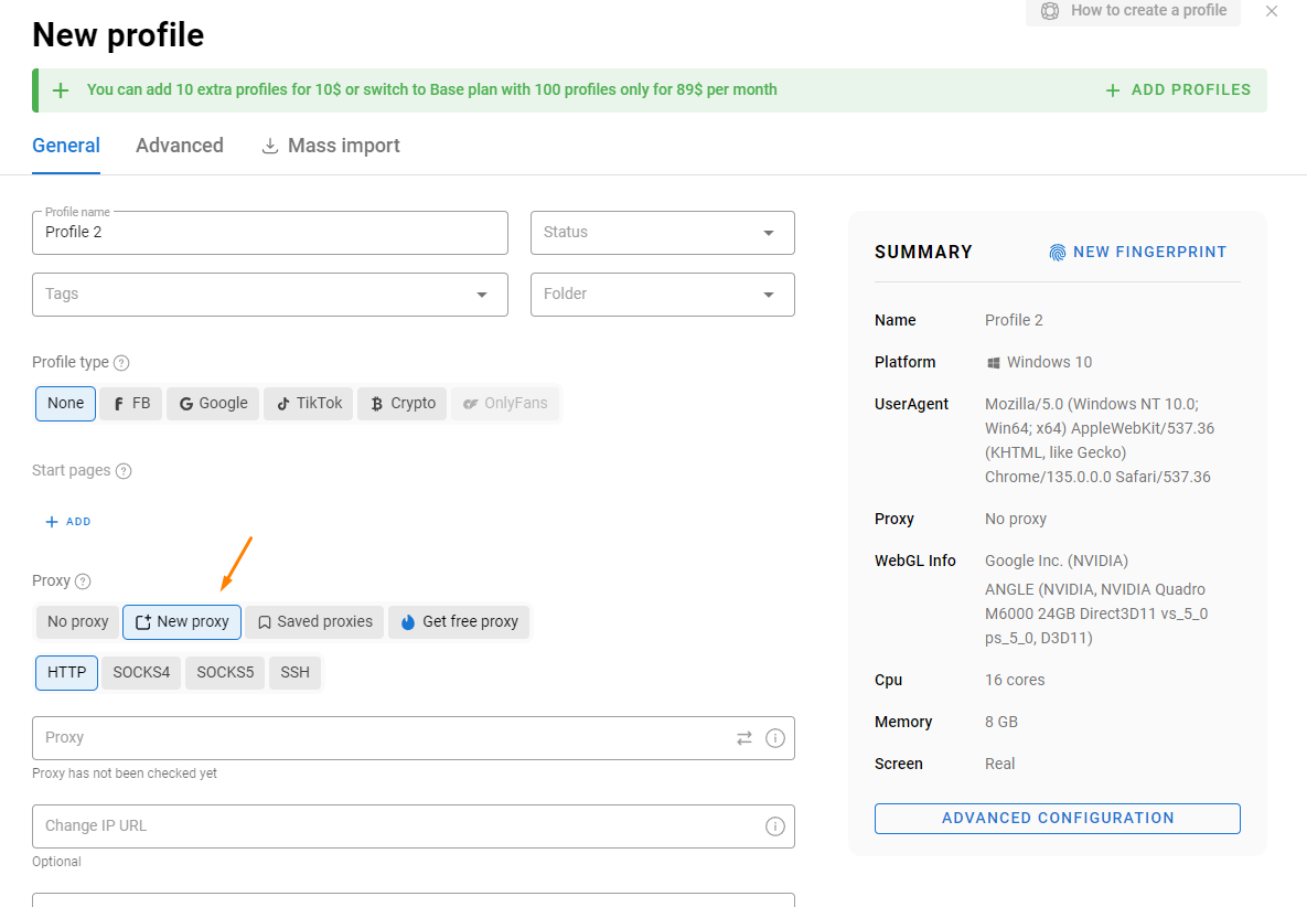 Proxy input form with a sample connection string