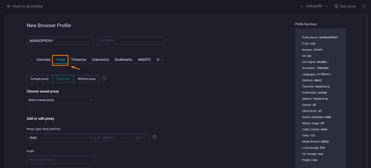 The “Proxy” tab in the GoLogin interface