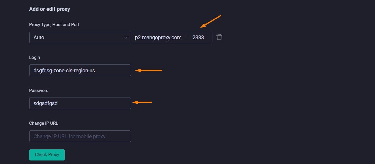 Form for entering proxy data in GoLogin
